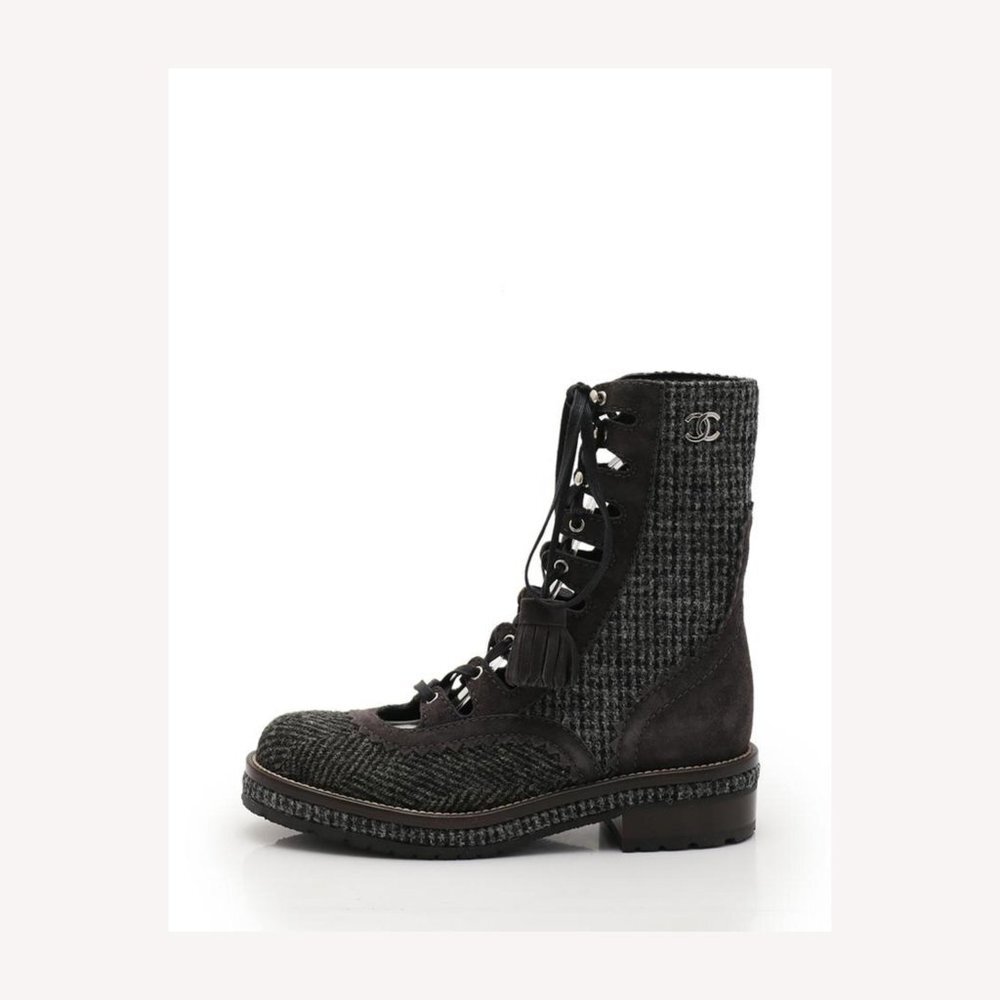 Chanel Size 36 CC Logo Tweed Combat Boots 40cz413s
